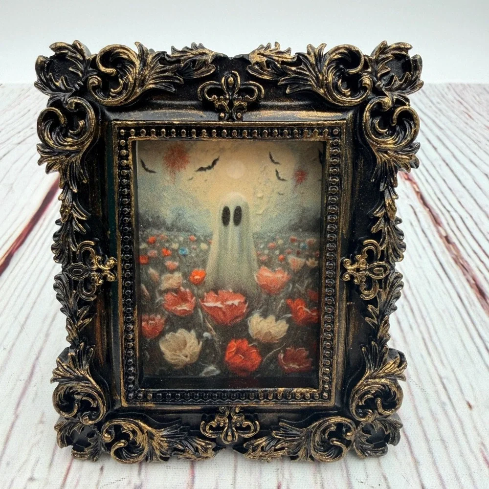 Handmade Ghost Flower Field Decoupage Art Ornate Gold Black Resin Frame